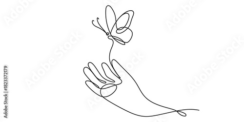 Continuous line drawing of a hand holding a butterfly, a minimalist art piece symbolizing the gentle connection between humanity and nature, simplicity. Vector, illustration