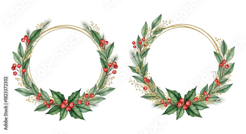 Watercolor Christmas Leafy Berry Round Frame Set, Winter Botanical Wreath Borders with Holly Leaves and Pine