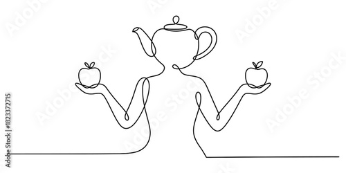 Continuous line drawing of a figure with a teapot head balancing two apples in its hands, symbolizing health, mind, and natural refreshment. Vector, illustration