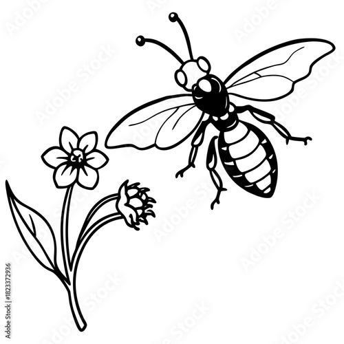 A bee flying near a flower