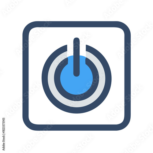 Blue and gray power button icon on black background