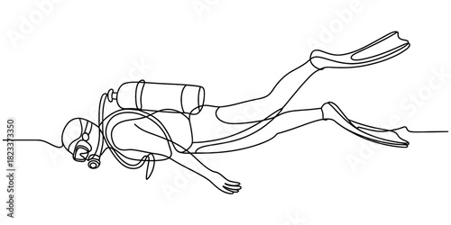 Continuous line drawing of a scuba diver exploring underwater. minimalist art style showcasing a person with full diving gear and fins Vector, illustration