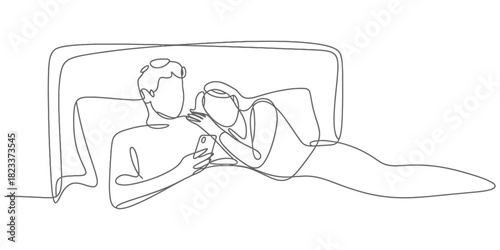 Continuous line art drawing of a couple in bed together, man holding smartphone with woman leaning on him, depicting modern intimate relationship Vector, illustration