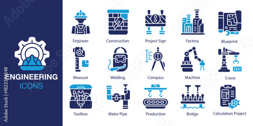 Engineering Icon set. Containing electrical, electronics, structural, industrial, manufacturing and more. Solid vector icons collection. Vector illustration.