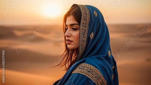 Portrait of a beautiful Arab woman in a desert landscape at sunset