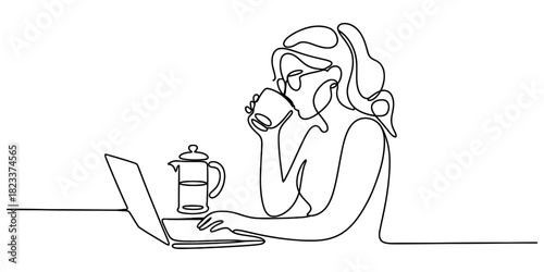 Continuous line art illustration of a woman working on a laptop, drinking coffee, with a french press on a desk, remote work concept. Vector, illustration