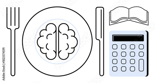 Brain on a plate surrounded by utensils, an open book, and a calculator symbolizing education, learning, intellectual nourishment, analysis, academic growth, mental development. Ideal for concepts