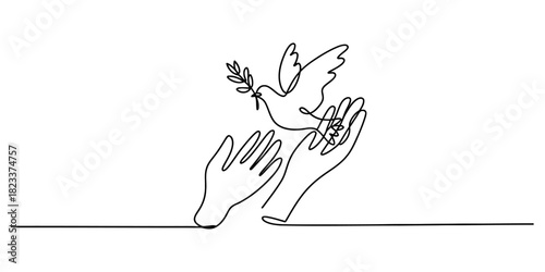Continuous one line drawing of two hands cradling a flying dove with an olive branch, symbolizing peace, freedom, and hope. Vector, illustration