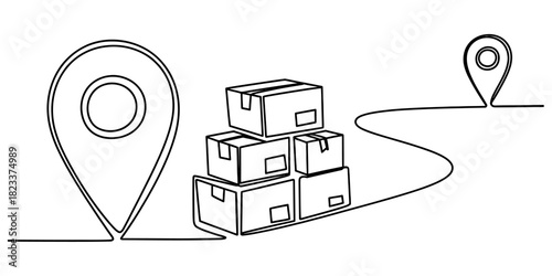 Single line art of delivery service journey: stacked boxes, origin and destination map pins, and a winding route for logistics and shipping. Vector, illustration