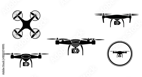 Diverse collection of drone silhouettes featuring various modern quadcopter designs, perfect for depicting aerial technology, remote photography, and unmanned flight systems