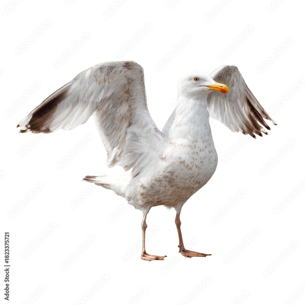 Fototapeta premium Seagull spreading wings on transparent background standing