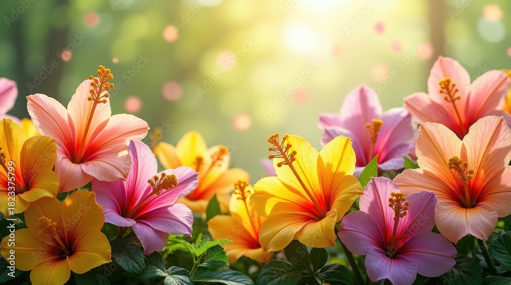 Fototapeta premium Vibrant hibiscus flowers blooming in soft sunlight with bokeh background