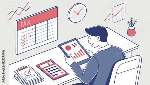 Businessman analyzing financial data on tablet with tax calendar, calculator, and graphs on desk, planning accounting and fiscal deadlines.