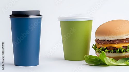 Delicious burger next to two take-away cups perfect for showcasing meal combinations and fast-food