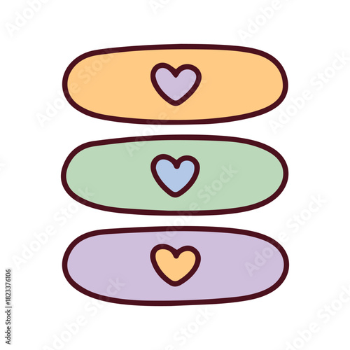 A set of three colorful medical bandages (orange, green, purple) each featuring a heart. Cute first aid plasters representing healing, healthcare, and love.