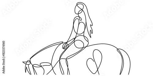 Minimalist continuous line art of a graceful woman riding a horse, showcasing fluid motion and elegant form on a clean background. Vector, illustration
