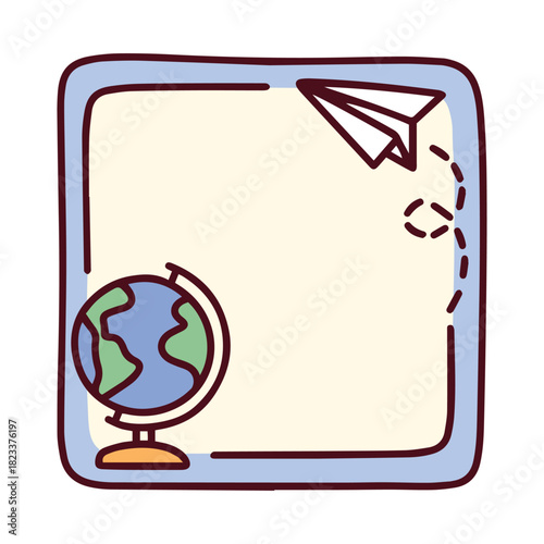 A blue square planner frame decorated with a globe and a paper airplane. A travel or education-themed note paper ideal for vacation planning, geography notes, or study schedules.