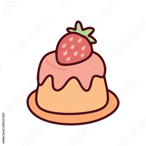 A wobble custard pudding or flan topped with dripping pink sauce and a fresh strawberry. A sweet and creamy dessert illustration representing a delicious cafe treat.