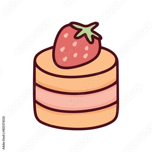 A small round sponge cake layered with cream and topped with a whole strawberry. A classic sweet dessert illustration suitable for birthday themes and bakery menus.