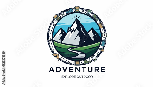 Mountain landscape adventure badge with various hiking and camping equipment. A vector illustration logo for outdoor exploration and travel tourism
