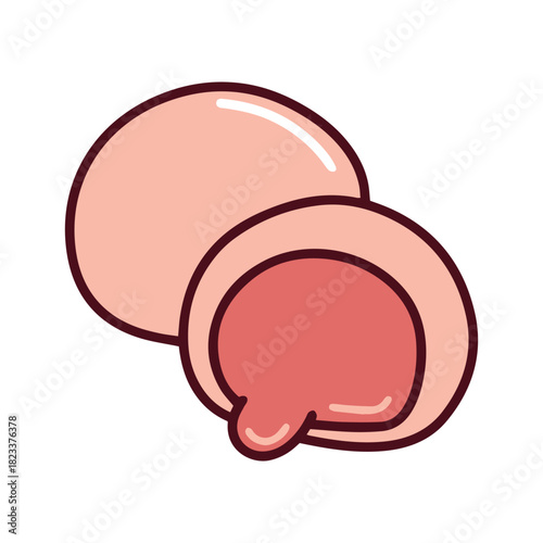 A soft pink mochi rice cake cut open to reveal dripping strawberry jam filling. A traditional Japanese daifuku dessert with a sweet, chewy texture.