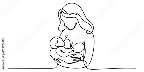 Mother breastfeeding baby in a continuous line art drawing, symbolizing maternity, bonding, love, and new life with a minimalist design concept. Vector, illustration