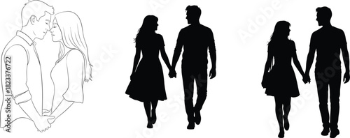 Couple in love silhouettes of people walking hand in hand together