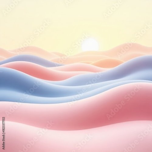 Abstract pastel landscape with soft rolling hills and glowing sun