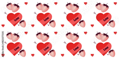 A seamless pattern of strawberries and hearts for Valentine's Day. Celebrate love, family, and fidelity. Vector illustration in red and pink. Can be used as a pattern for packaging or decor.