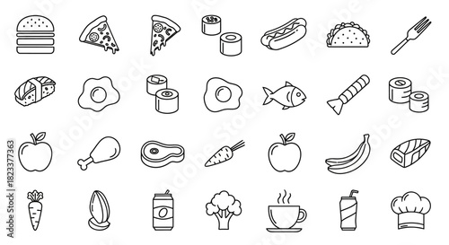 A diverse assortment of food and drink outline icons, featuring various meal ingredients, fast food, and healthy options, ideal for culinary-themed graphic design projects and menus