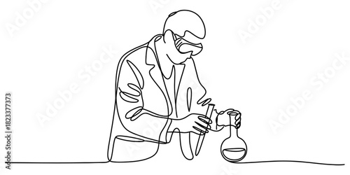 Continuous line drawing of scientist in lab coat and safety glasses, holding test tube and flask, doing research in laboratory, scientific experiment concept. Vector, illustration