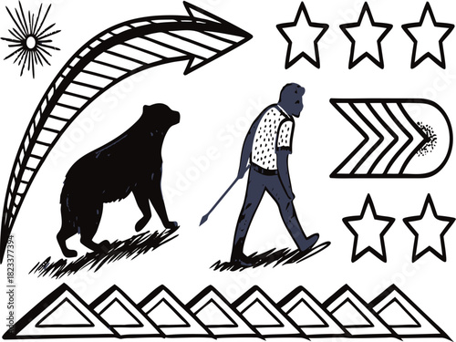 Two wolves howling at the moon surrounded by flowers in a black and white vector illustration