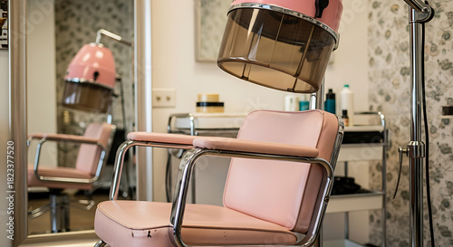Empty vintage pink hair salon chair with retro hooded dryer in classic beauty parlor professional styling equipment interior