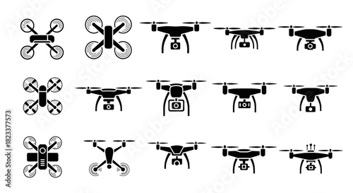 Comprehensive vector collection of modern drone icons, showcasing various unmanned aerial vehicles for technology, aviation, and digital design applications