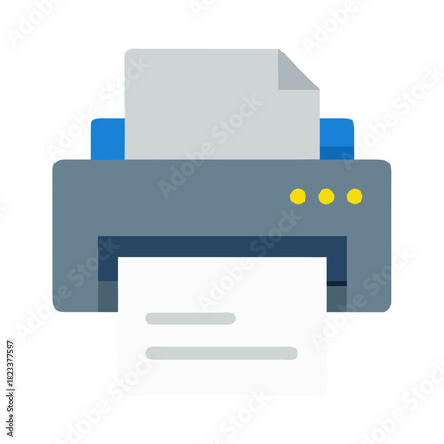 Simplified printer with paper isolated on black background icon