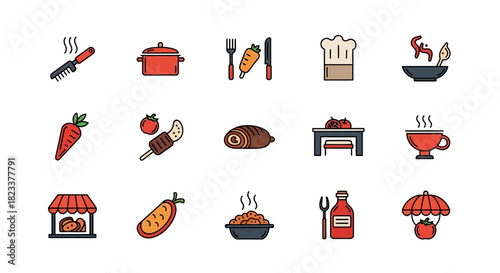 A comprehensive culinary icon set featuring a diverse range of food preparation tools, fresh ingredients, savory dishes, and restaurant-themed graphics, ideal for modern digital and print designs