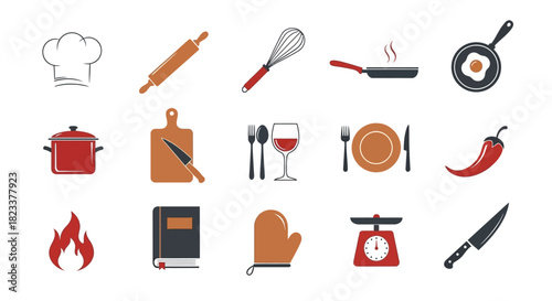 A comprehensive set of flat design cooking and kitchen icons, featuring essential culinary tools like a whisk, cookware, and chef's hat for gastronomy concepts