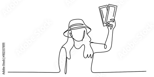 Continuous line art illustration of a person wearing a stylish sun hat and enthusiastically holding up two event tickets, symbolizing fun, travel, or entry. Vector, illustration