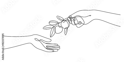Continuous one line drawing of two hands, one offering a leafy branch to another open hand, symbolizing generosity, connection, and peace. Vector, illustration