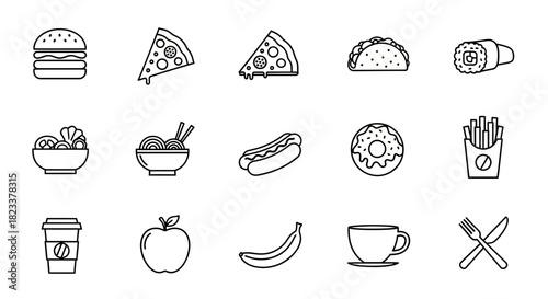 A Variety of Black and White Food Icons, Representing Different Types of Cuisine for Culinary Design