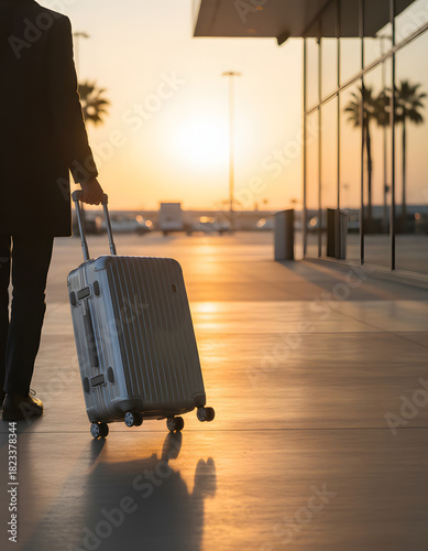 Close up of traveler with a suitcase at the airport at sunset. AI Generative