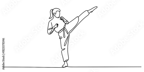 Continuous line drawing of a woman martial artist performing a high kick, showcasing dynamic movement, strength, and discipline in a minimal style Vector, illustration