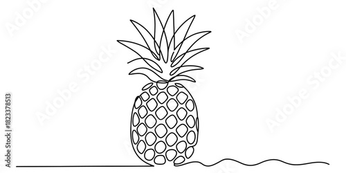Continuous line art drawing of a tropical pineapple fruit with crown leaves, isolated on a clean background, embodying minimalist design and simplicity. Vector, illustration