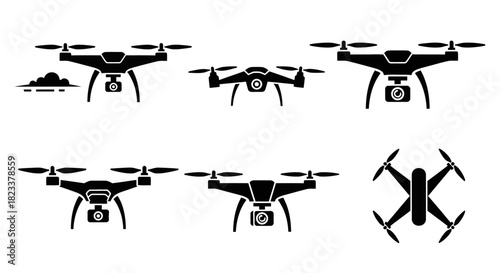 Set of Black Drone Icons Capturing Aerial Views with Camera and Cloud Symbol Designs