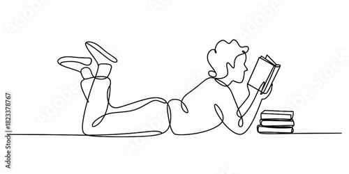 Continuous line drawing of person lying down, reading a book, with books nearby, symbolizing education, knowledge, leisure and relaxation. Vector, illustration