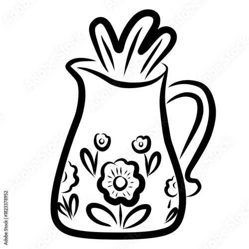 Floral Pitcher Vase Illustration in Black Outline for Craft Design
