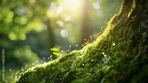 Close-up realistic of fresh moss on a tree trunk covered