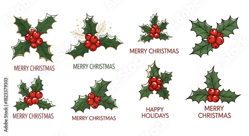 Festive Holly Sprigs and Berries Design Elements for Holiday Season Decorations and Greetings