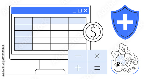 Computer spreadsheet, floating dollar coin, calculator, shield with medical cross, vegetable illustration. Ideal for budgeting, finance, health planning, nutrition tracking expense management