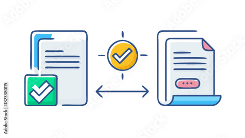Document verification and approval process illustration, showcasing data transfer, compliance, and consent between digital files and forms.